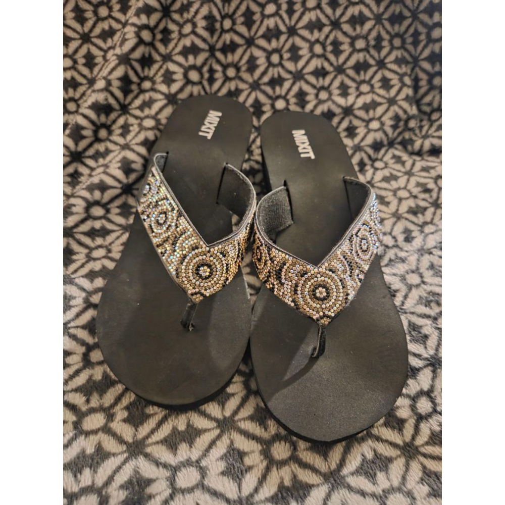 Women's MIXIT Black & Gold Beaded Wedge Flip Flop Sandals Size 10